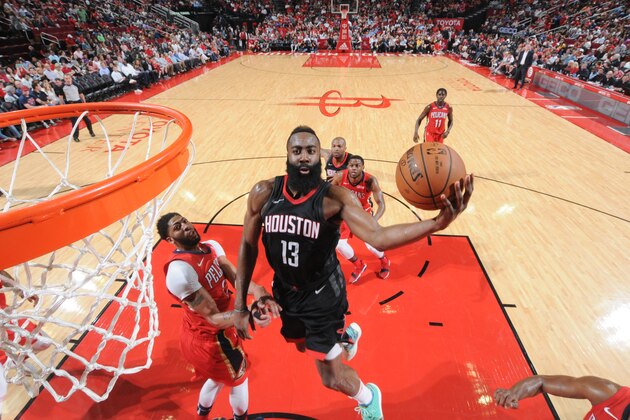 HOUSTON, TX - MARCH 24: James Harden #13 of the Houston Rockets goes to the basket against the New Orleans Pelicans on March 24, 2018 at the Toyota Center in Houston, Texas. NOTE TO USER: User expressly acknowledges and agrees that, by downloading and or using this photograph, User is consenting to the terms and conditions of the Getty Images License Agreement. Mandatory Copyright Notice: Copyright 2018 NBAE (Photo by Bill Baptist/NBAE via Getty Images)