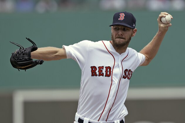 FILE - In this March 19, 2018, file photo, Boston Red Sox starting pitcher Chris Sale delivers to the Philadelphia Phillies during the first inning of a spring training baseball game in Fort Myers, Fla. Sale and and David Price were brought along slowly this spring, to keep them strong throughout the season. (AP Photo/Chris O'Meara, File)