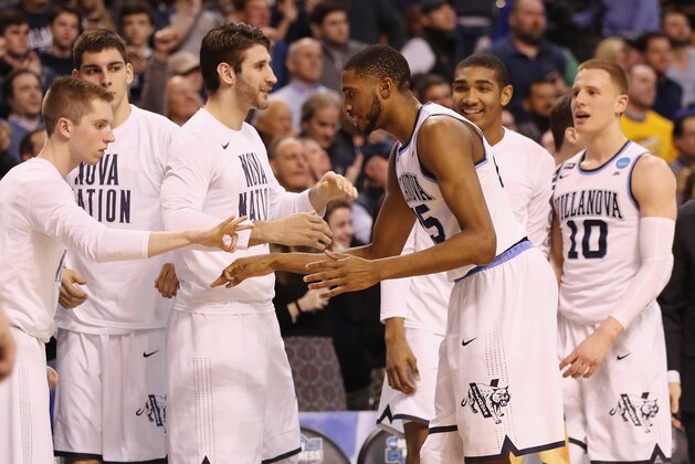 BOSTON, MA - MARCH 23:  Mikal Bridges #25 of the Villanova Wildcats celebrates with teammates at the bench during the second half against the West Virginia Mountaineers in the 2018 NCAA Men's Basketball Tournament East Regional at TD Garden on March 23, 2018 in Boston, Massachusetts.  (Photo by Maddie Meyer/Getty Images)