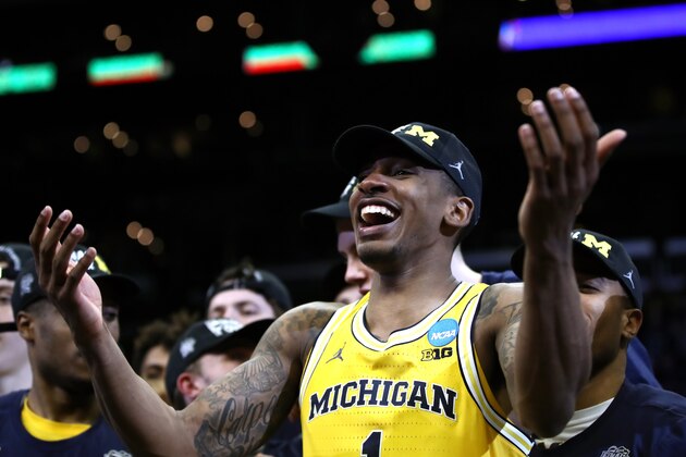LOS ANGELES, CA - MARCH 24:  Charles Matthews #1 of the Michigan Wolverines celebrates after defeating the Florida State Seminoles in the 2018 NCAA Men's Basketball Tournament West Regional Final at Staples Center on March 24, 2018 in Los Angeles, California. The Michigan Wolverines defeated the Florida State Seminoles 58-54.  (Photo by Ezra Shaw/Getty Images)