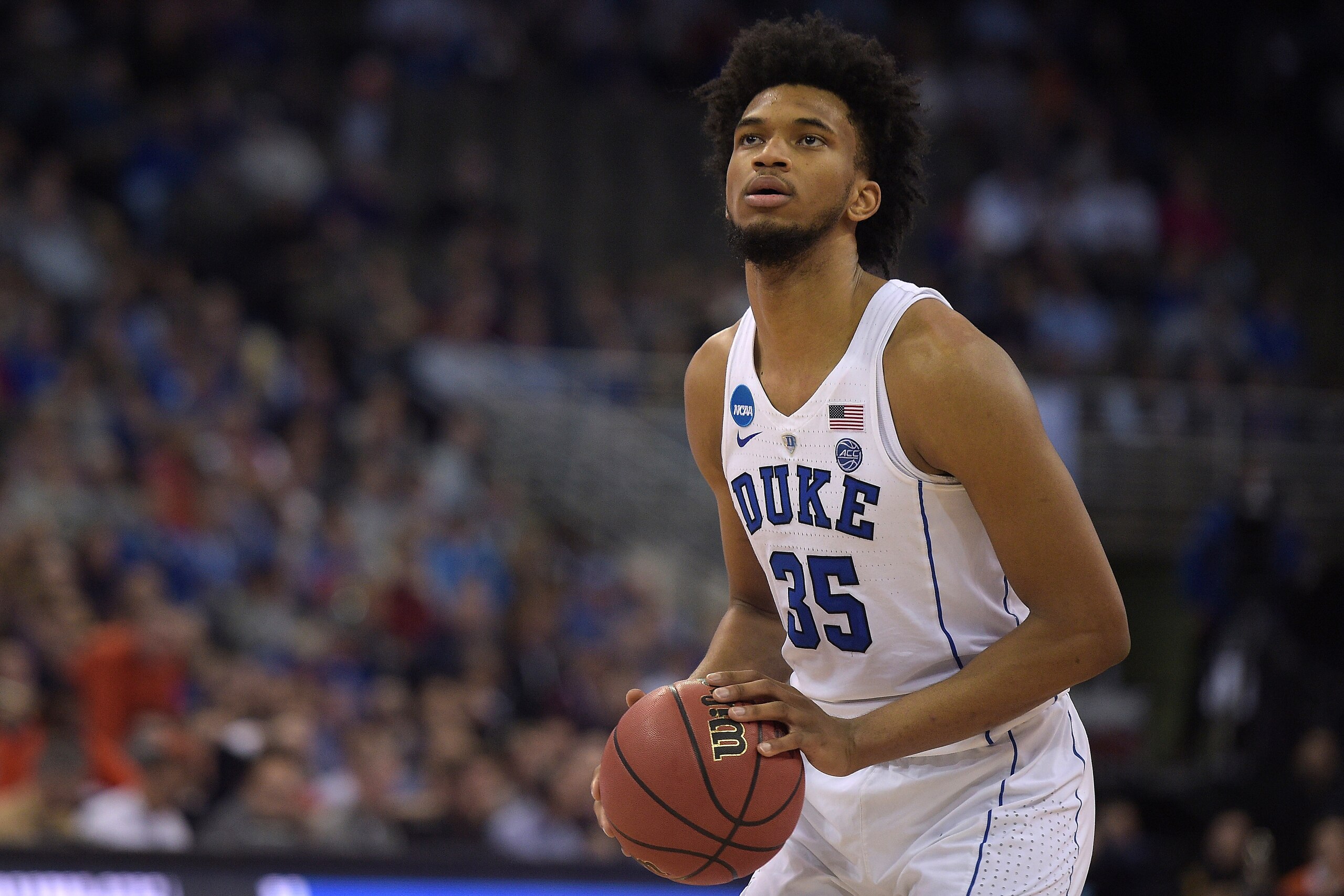 OMAHA, NE - MARCH 23: Marvin Bagley III #35 of the Duke Blue Devils concentrates at the free throw line against the Syracuse Orange during the 2018 NCAA Men's Basketball Tournament Midwest Regional at CenturyLink Center on March 23, 2018 in Omaha, Nebraska. (Photo by Lance King/Getty Images)
