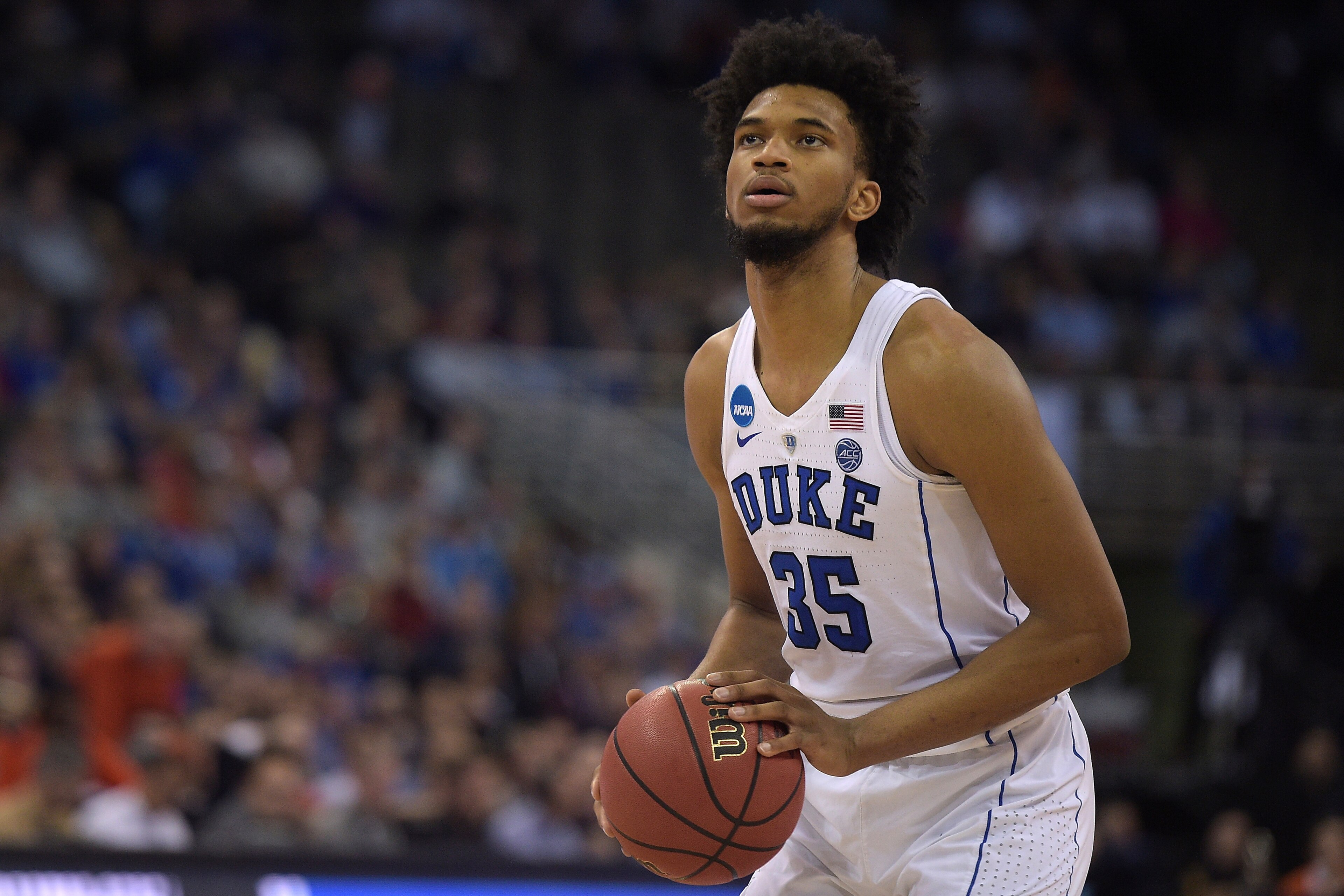 OMAHA, NE - MARCH 23: Marvin Bagley III #35 of the Duke Blue Devils concentrates at the free throw line against the Syracuse Orange during the 2018 NCAA Men's Basketball Tournament Midwest Regional at CenturyLink Center on March 23, 2018 in Omaha, Nebraska. (Photo by Lance King/Getty Images)