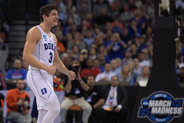 OMAHA, NE - MARCH 23: Grayson Allen #3 of the Duke Blue Devils reacts during their game against the Syracuse Orange during the 2018 NCAA Men's Basketball Tournament Midwest Regional at CenturyLink Center on March 23, 2018 in Omaha, Nebraska. (Photo by Lance King/Getty Images)