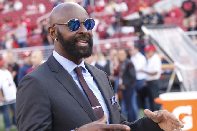 SANTA CLARA, CA - AUGUST 19: Jerry Rice stands on the sideline prior to the game between the San Francisco 49ers and the Denver Broncos at Levi Stadium on August 19, 2017 in Santa Clara, California. The Broncos defeated the 49ers 33-14. (Photo by Michael Zagaris/San Francisco 49ers/Getty Images)