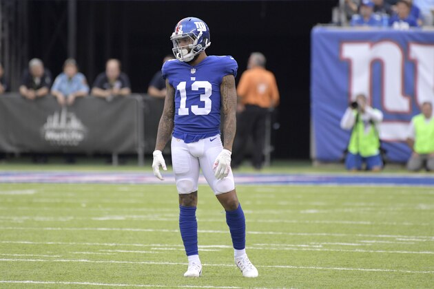 New York Giants wide receiver Odell Beckham looks on before a play against the Los Angeles Chargers during the first half of an NFL football game, Sunday, Oct. 8, 2017, in East Rutherford, N.J. (AP Photo/Bill Kostroun)