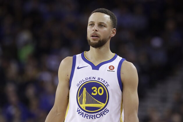 Golden State Warriors guard Stephen Curry (30) against the Brooklyn Nets during an NBA basketball game in Oakland, Calif., Tuesday, March 6, 2018. (AP Photo/Jeff Chiu)