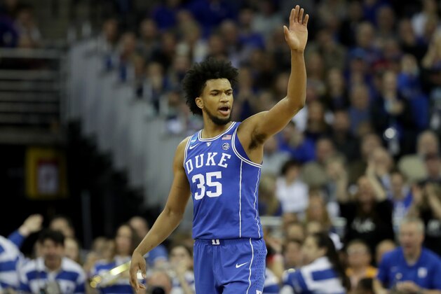 OMAHA, NE - MARCH 25:  Marvin Bagley III #35 of the Duke Blue Devils reacts against the Kansas Jayhawks during the first half in the 2018 NCAA Men's Basketball Tournament Midwest Regional at CenturyLink Center on March 25, 2018 in Omaha, Nebraska.  (Photo by Streeter Lecka/Getty Images)