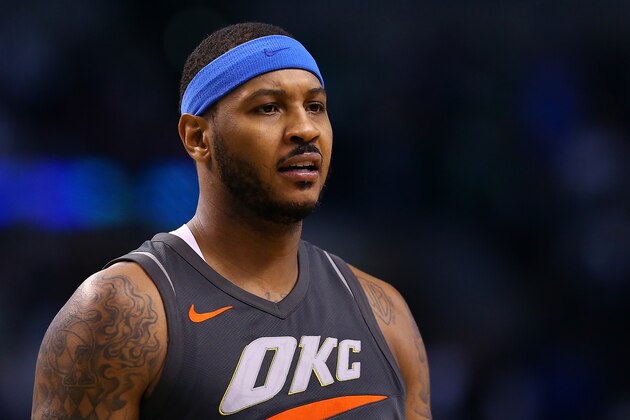 BOSTON, MA - MARCH 20:  Carmelo Anthony #7 of the Oklahoma City Thunder looks on during a game against the Boston Celtics at TD Garden on March 20, 2018 in Boston, Massachusetts. NOTE TO USER: User expressly acknowledges and agrees that, by downloading and or using this photograph, User is consenting to the terms and conditions of the Getty Images License Agreement. (Photo by Adam Glanzman/Getty Images)