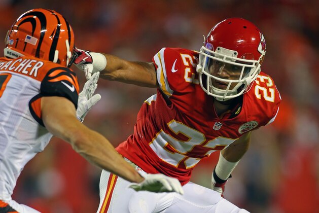 Kansas City Chiefs Phillip Gaines (23) drops into coverage during an NFL preseason game against the Cincinnati Bengals on Thursday Aug. 7, 2014 at Arrowhead Stadium in Kansas City, Mo. (AP Photo/TUSP, Jay Biggerstaff)