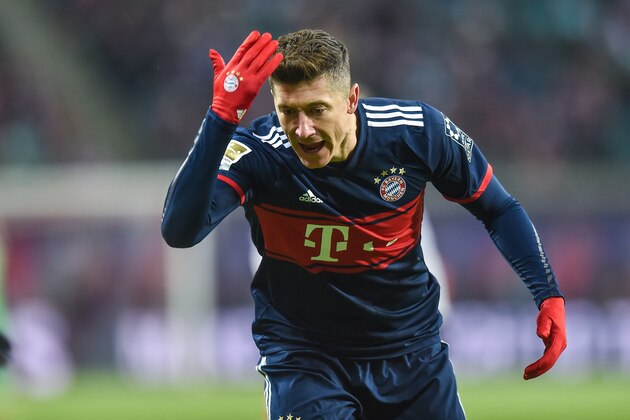 LEIPZIG, GERMANY - MARCH 18: Robert Lewandowski of Bayern Muenchen reacts during the Bundesliga match between RB Leipzig and FC Bayern Muenchen at Red Bull Arena on March 18, 2018 in Leipzig, Germany. (Photo by Lukasz Laskowski/PressFocus/MB Media/Getty Images)