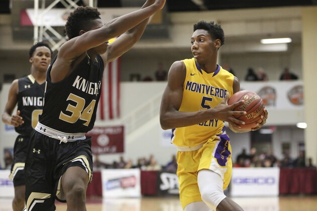 Montverde Academy's Rowan Barrett #5 in action against Bishop Montgomery during a high school basketball game at the 2017 Hoophall Classic on Monday, January 16, 2017, in Springfield, MA. (AP Photo/Gregory Payan)