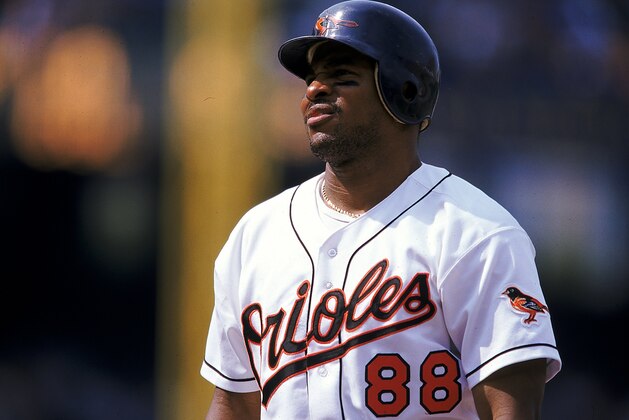 8 Jul 1999: Albert Belle #88 of the Baltimore Orioles looks on the field during the game against the Toronto Blue Jays at Camden Yards in Baltimore, Maryland. The Blue Jays defeated the Orioles 11-6. Mandatory Credit: David Leeds  /Allsport