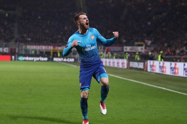MILAN, ITALY - MARCH 08:  Aaron Ramsey of Arsenal celebrates after scoring during the UEFA Europa League Round of 16 match between AC Milan and Arsenal at the San Siro on March 8, 2018 in Milan, Italy.  (Photo by Catherine Ivill/Getty Images)