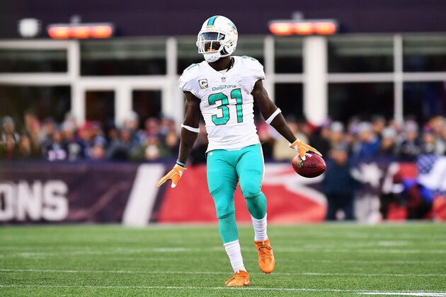 FOXBORO, MA - NOVEMBER 26: Michael Thomas #31 of the Miami Dolphins reacts during a game against the New England Patriots at Gillette Stadium on November 26, 2017 in Foxboro, Massachusetts. (Photo by Adam Glanzman/Getty Images)