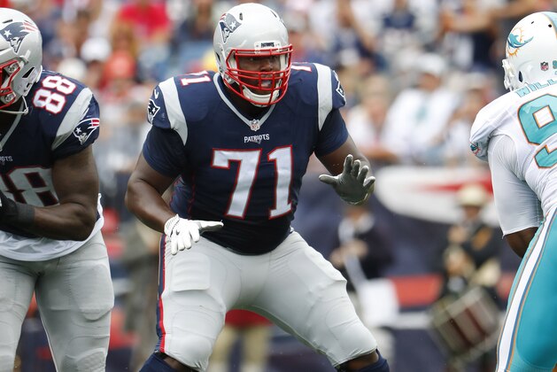 New England Patriots offensive tackle Cameron Fleming blocks against the Miami Dolphins during a NFL football game at Gillette Stadium in Foxborough, Mass. Sunday, Sept. 18, 2016. (Winslow Townson/AP Images for Panini)