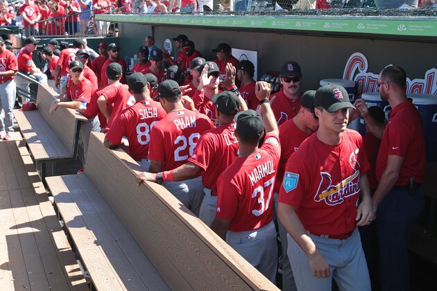 JUPITER, FL - FEBRUARY 23: The St Louis Cardinals high five each other as they enter the dugout for their first spring training game of  the season against the Miami Marlins at Roger Dean Chevrolet Stadium on February 23, 2018 in Jupiter, Florida. The Marlins defeated the Cardinals 6-4. (Photo by Joel Auerbach/Getty Images)
