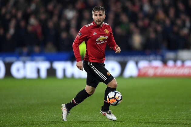 HUDDERSFIELD, ENGLAND - FEBRUARY 17:  Luke Shaw of Manchester United during the The Emirates FA Cup Fifth Round match between Huddersfield Town and Manchester United on February 17, 2018 in Huddersfield, United Kingdom.  (Photo by Gareth Copley/Getty Images)