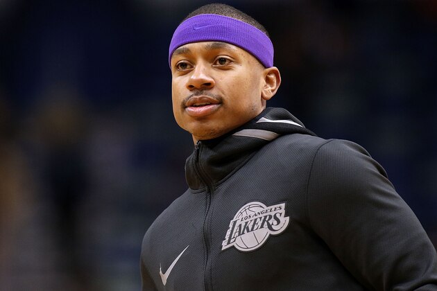 NEW ORLEANS, LA - MARCH 22:  Isaiah Thomas #3 of the Los Angeles Lakers reacts before a game against the New Orleans Pelicans at the Smoothie King Center on March 22, 2018 in New Orleans, Louisiana. NOTE TO USER: User expressly acknowledges and agrees that, by downloading and or using this photograph, User is consenting to the terms and conditions of the Getty Images License Agreement.  (Photo by Jonathan Bachman/Getty Images)