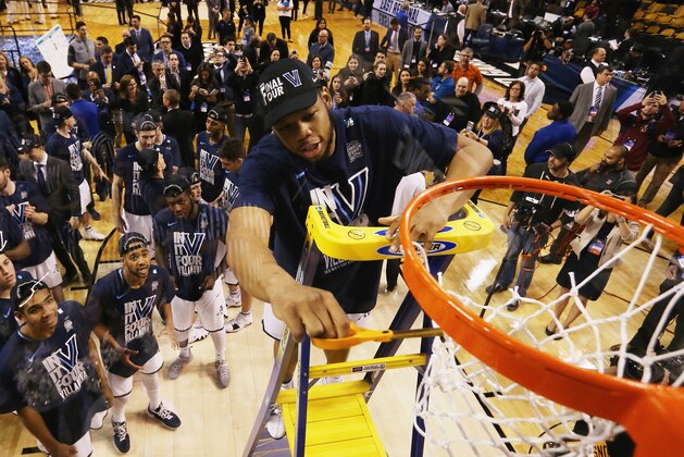 BOSTON, MA - MARCH 25:  Omari Spellman #14 of the Villanova Wildcats cuts the net after defeating the Texas Tech Red Raiders 71-59 in the 2018 NCAA Men's Basketball Tournament East Regional to advance to the 2018 Final Four at TD Garden on March 25, 2018 in Boston, Massachusetts.  (Photo by Elsa/Getty Images)