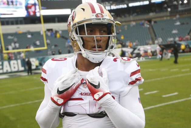 PHILADELPHIA, PA - OCTOBER 29: Leon Hall #20 of the San Francisco 49ers stands on the field prior to the game against the Philadelphia Eagles at Lincoln Financial Field on October 29, 2017 in Philadelphia, Pennsylvania. The Eagles defeated the 49ers 33-10. (Photo by Michael Zagaris/San Francisco 49ers/Getty Images)