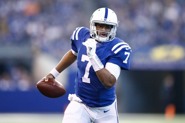 INDIANAPOLIS, IN - DECEMBER 31:  Jacoby Brissett #7 of the Indianapolis Colts runs with the ball against the Houston Texans during the first half at Lucas Oil Stadium on December 31, 2017 in Indianapolis, Indiana.  (Photo by Andy Lyons/Getty Images)