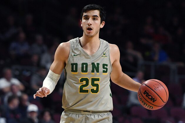 LAS VEGAS, NV - MARCH 03:  Jordan Ratinho #25 of the San Francisco Dons sets up a play against the Pacific Tigers during a quarterfinal game of the West Coast Conference basketball tournament at the Orleans Arena on March 3, 2018 in Las Vegas, Nevada. The Dons won 71-70 in overtime.  (Photo by Ethan Miller/Getty Images)