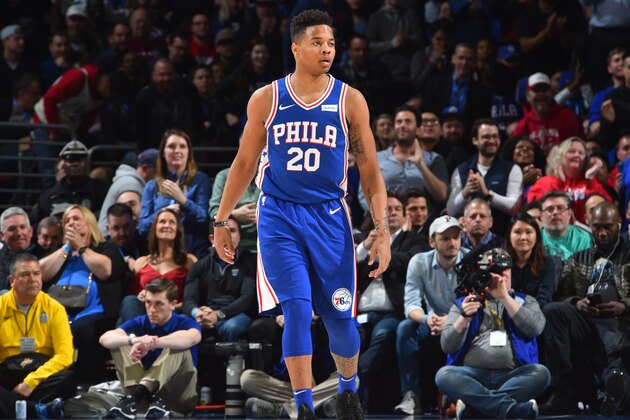 PHILADELPHIA,PA -  MARCH 26 : Markelle Fultz #20 of the Philadelphia 76ers looks on against the Denver Nuggets at Wells Fargo Center on March 26, 2018 in Philadelphia, Pennsylvania NOTE TO USER: User expressly acknowledges and agrees that, by downloading and/or using this Photograph, user is consenting to the terms and conditions of the Getty Images License Agreement. Mandatory Copyright Notice: Copyright 2018 NBAE (Photo by Jesse D. Garrabrant/NBAE via Getty Images)