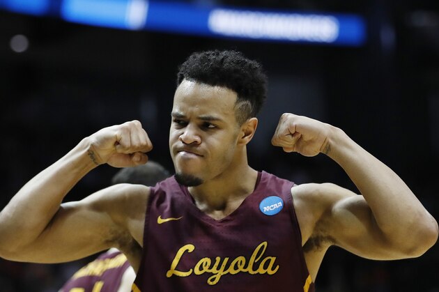 Loyola-Chicago guard Marques Townes (5) celebrates a shot against Kansas State during the second half of a regional final NCAA college basketball tournament game, Saturday, March 24, 2018, in Atlanta. Loyola-Chicago won 78-62. (AP Photo/David Goldman) Loyola-Chicago guard Marques Townes (5) celebrates a shot against Kansas State during the second half of a regional final NCAA college basketball tournament game, Saturday, March 24, 2018, in Atlanta. Loyola-Chicago won 78-62. (AP Photo/David Goldman)