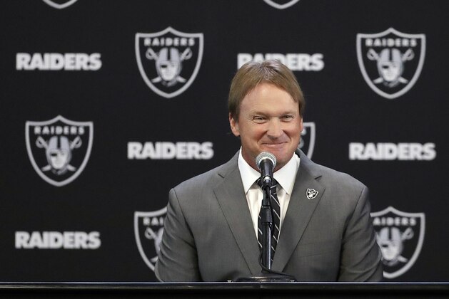 Oakland Raiders new head coach Jon Gruden smiles during an NFL football news conference in Alameda, Calif. Tuesday, Jan. 9, 2018.  (AP Photo/Marcio Jose Sanchez)