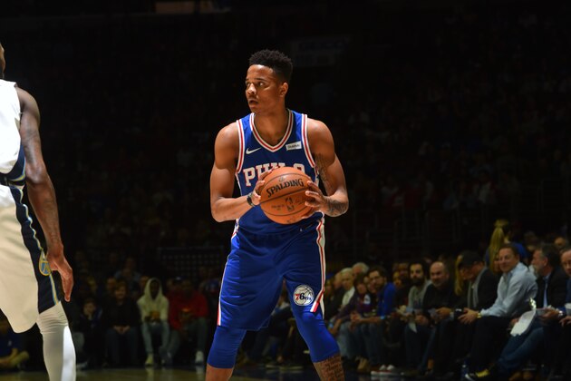 PHILADELPHIA,PA -  MARCH 26 : Markelle Fultz #20 of the Philadelphia 76ers looks to pass the ball against the Denver Nuggets at Wells Fargo Center on March 26, 2018 in Philadelphia, Pennsylvania NOTE TO USER: User expressly acknowledges and agrees that, by downloading and/or using this Photograph, user is consenting to the terms and conditions of the Getty Images License Agreement. Mandatory Copyright Notice: Copyright 2018 NBAE (Photo by Jesse D. Garrabrant/NBAE via Getty Images)