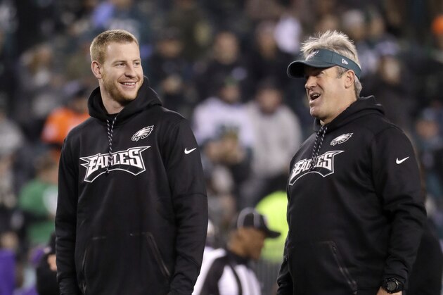 Philadelphia Eagles' Carson Wentz watches warm ups with head coach Doug Pederson before the NFL football NFC championship game against the Minnesota Vikings Sunday, Jan. 21, 2018, in Philadelphia. (AP Photo/Matt Slocum)