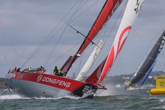 Dongfeng Race Team heads out of Waitamata Harbour after the start of the seventh leg of the Volvo Ocean Race yacht race in Auckland on March 18, 2018.
Spain's Mapfre leads the overall standings in the 11-leg around-the-word race on 39 points, followed by the China-backed Dongfeng Race Team on 34 and SHK/Scallywag on 26. / AFP PHOTO / MICHAEL BRADLEY        (Photo credit should read MICHAEL BRADLEY/AFP/Getty Images)