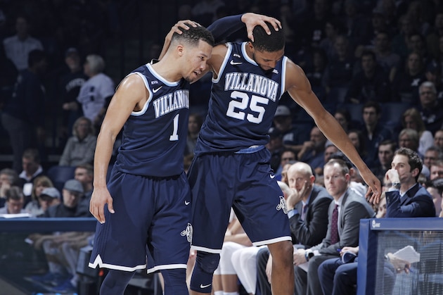 CINCINNATI, OH - FEBRUARY 17: Jalen Brunson #1 and Mikal Bridges #25 of the Villanova Wildcats celebrate in the closing seconds of a game against the Xavier Musketeers at Cintas Center on February 17, 2018 in Cincinnati, Ohio. Villanova won 95-79. (Photo by Joe Robbins/Getty Images)
