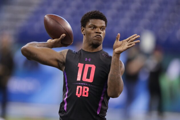 Louisville quarterback Lamar Jackson runs a drill at the NFL football scouting combine in Indianapolis, Saturday, March 3, 2018. (AP Photo/Michael Conroy) Louisville quarterback Lamar Jackson runs a drill at the NFL football scouting combine in Indianapolis, Saturday, March 3, 2018. (AP Photo/Michael Conroy)