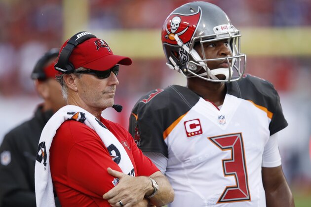 TAMPA, FL - OCTOBER 01: Head coach Dirk Koetter of the Tampa Bay Buccaneers stands alongside quarterback Jameis Winston #3 during a game against the New York Giants at Raymond James Stadium on October 1, 2017 in Tampa, Florida. The Bucs defeated the Giants 25-23. (Photo by Joe Robbins/Getty Images)