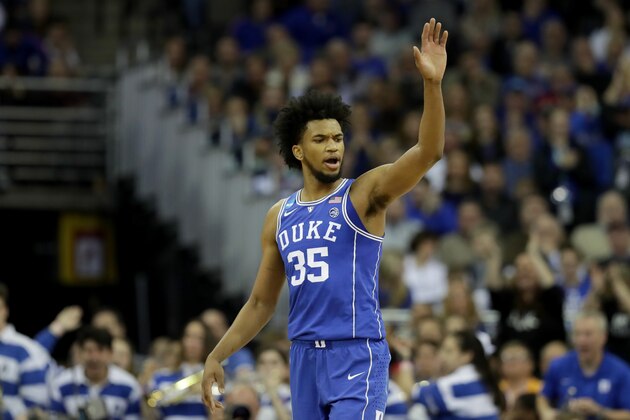 OMAHA, NE - MARCH 25:  Marvin Bagley III #35 of the Duke Blue Devils reacts against the Kansas Jayhawks during the first half in the 2018 NCAA Men's Basketball Tournament Midwest Regional at CenturyLink Center on March 25, 2018 in Omaha, Nebraska.  (Photo by Streeter Lecka/Getty Images)