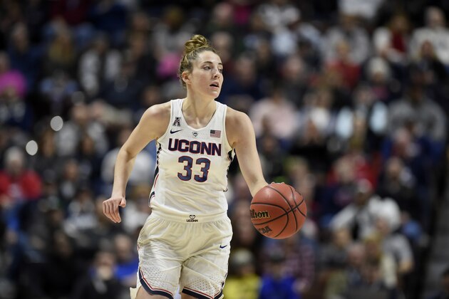 Connecticut's Katie Lou Samuelson during the first half of an NCAA college basketball game in the American Athletic Conference tournament quarterfinals at Mohegan Sun Arena, March 4, 2018, in Uncasville, Conn. (AP Photo/Jessica Hill)