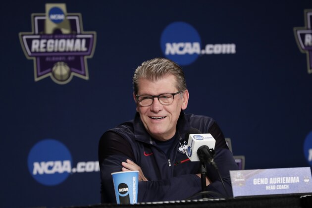 Connecticut head coach Geno Auriemma speaks during a press conference at the NCAA women's college basketball tournament, Friday, March 23, 2018, in Albany, N.Y. UConn faces Duke in a regional semifinal on Saturday. (AP Photo/Frank Franklin II)