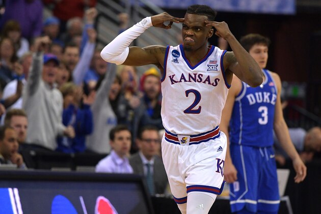 OMAHA, NE - MARCH 25: Lagerald Vick #2 of the Kansas Jayhawks reacts during their game against the Duke Blue Devils during the 2018 NCAA Men's Basketball Tournament Midwest Regional Final at CenturyLink Center on March 25, 2018 in Omaha, Nebraska. (Photo by Lance King/Getty Images)
