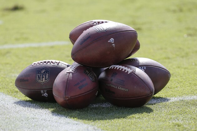 JACKSONVILLE, FL - OCTOBER 15: A general view of a stack of Official Wilson NFL DUKE Footballs with the logos of the Los Angeles Rams on it before the game against the Jacksonville Jaguars at EverBank Field on October 15, 2017 in Jacksonville, Florida. The Rams defeated the Jaguars 24 to 17. (Photo by Don Juan Moore/Getty Images)