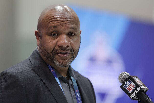 Cleveland Browns head coach Hue Jackson speaks during a press conference at the NFL Combine in Indianapolis, Wednesday, Feb. 28, 2018. (AP Photo/Michael Conroy)