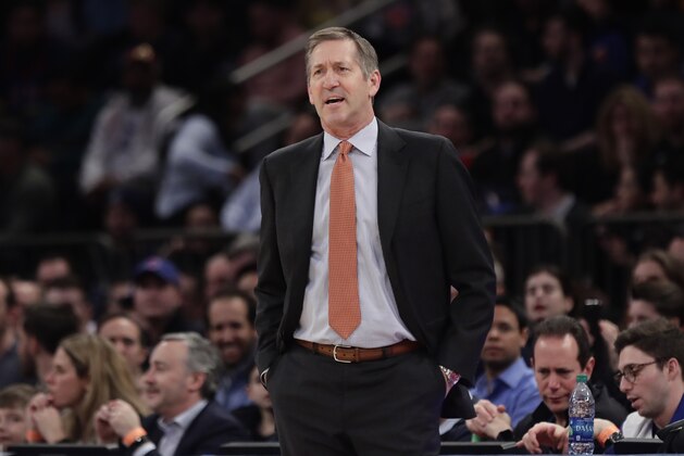 New York Knicks head coach Jeff Hornacek watches his team play during the first half of an NBA basketball game against the Dallas Mavericks Tuesday, March 13, 2018, in New York. (AP Photo/Frank Franklin II)