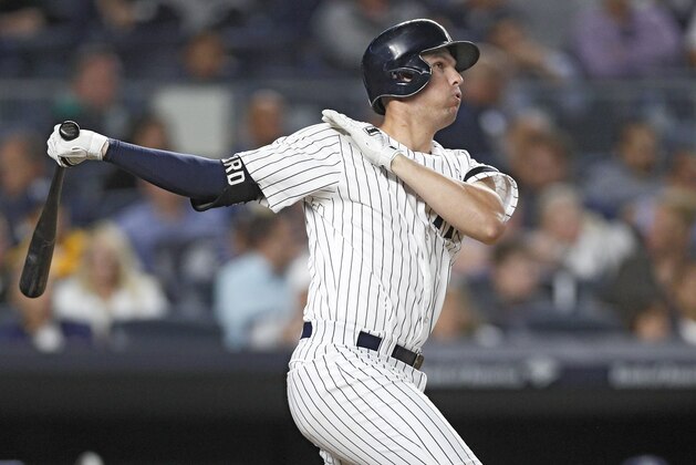 NEW YORK, NY - SEPTEMBER 28:  Greg Bird #33 of the New York Yankees hits a home run in an MLB baseball game against the Tampa Bay Rays on September 28, 2017 at Yankee Stadium in the Bronx borough of New York City. Tampa won 9-6. (Photo by Paul Bereswill/Getty Images)