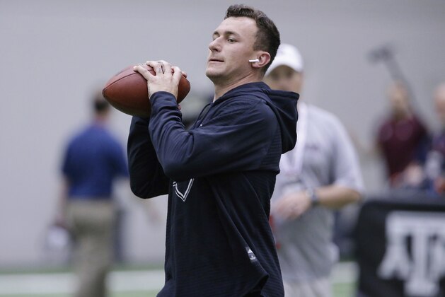Former Cleveland Browns quarterback Johnny Manziel during drills at his alma mater during Texas A&M's football Pro Day in College Station, Texas, Tuesday, March 27, 2018. (AP Photo/Michael Wyke)