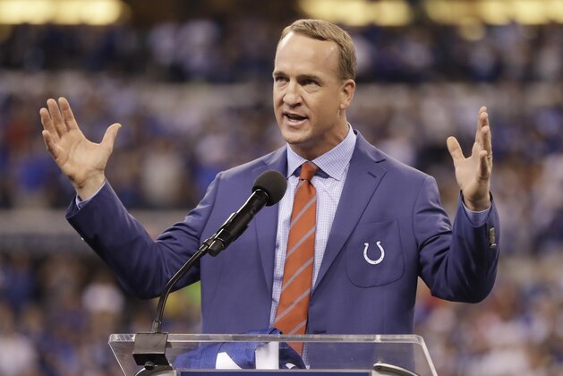 Former Indianapolis Colts quarterback Peyton Manning speaks during a halftime ceremony at an NFL football game between the Colts and the San Francisco 49ers, Sunday, Oct. 8, 2017, in Indianapolis. The Colts retired Manning's jersey during the ceremony. (AP Photo/Darron Cummings)