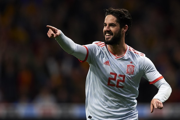 MADRID, SPAIN - MARCH 27:  Isco Alarcon of Spain celebrates scoring his team's second goal during the International Friendly match between Spain and Argentina at Wanda Metropolitano Stadium on March 27, 2018 in Madrid, Spain.  (Photo by Quality Sport Images/Getty Images)