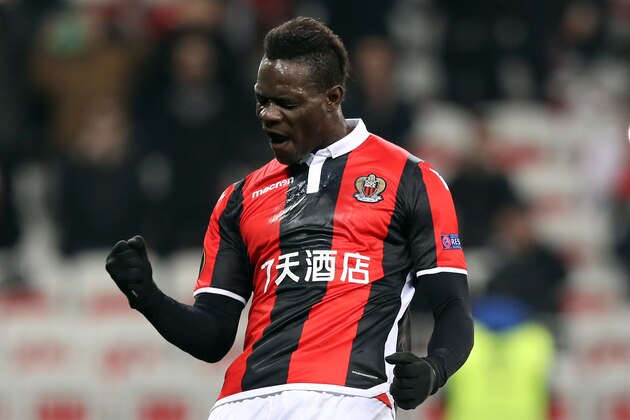 Nice's Italian forward Mario Balotelli celebrates after scoring a second goal during the UEFA Europa League football match between Nice and Lokomotiv Moscow on February 15, 2018, at the Allianz Riviera stadium in Nice, southeastern France.  / AFP PHOTO / VALERY HACHE        (Photo credit should read VALERY HACHE/AFP/Getty Images)