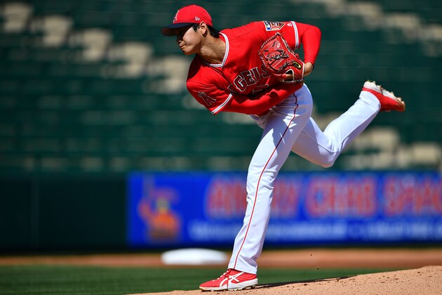 TEMPE, AZ -MARCH 09: Shohei Ohtani of Los Angeles Angels pitches during the practice game against the Tijuana Toros of the Mexican League on March 9, 2018 in Tempe, Arizona. (Photo by Masterpress/Getty Images)