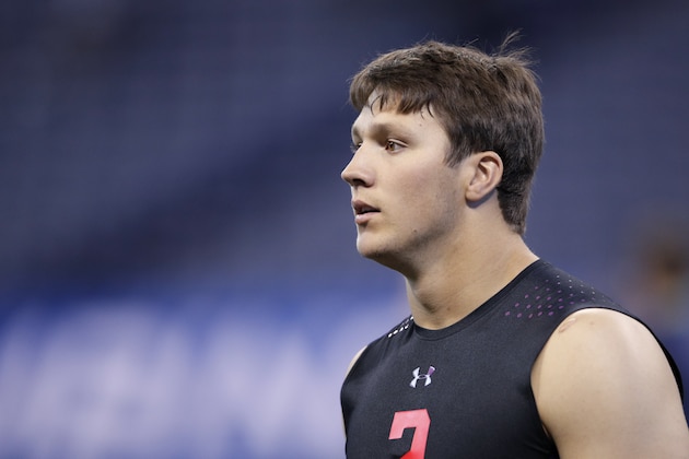 INDIANAPOLIS, IN - MARCH 03: Wyoming quarterback Josh Allen looks on during the NFL Combine at Lucas Oil Stadium on March 3, 2018 in Indianapolis, Indiana. (Photo by Joe Robbins/Getty Images)