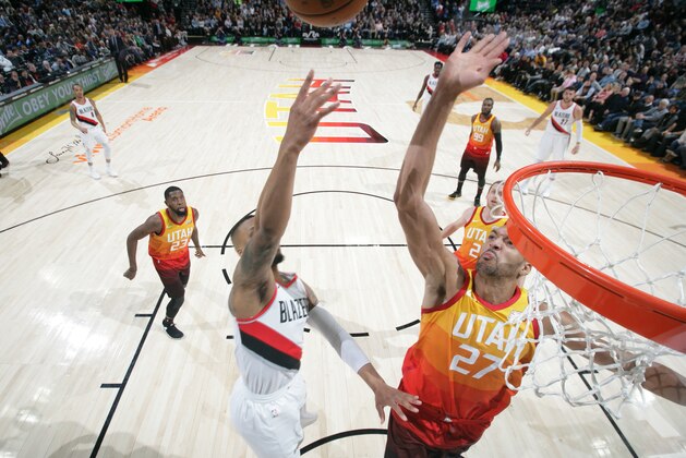 SALT LAKE CITY, UT - FEBRUARY 23:  Rudy Gobert #27 of the Utah Jazz blocks the shot against the Portland Trail Blazers on February 23, 2018 at vivint.SmartHome Arena in Salt Lake City, Utah. NOTE TO USER: User expressly acknowledges and agrees that, by downloading and or using this Photograph, User is consenting to the terms and conditions of the Getty Images License Agreement. Mandatory Copyright Notice: Copyright 2018 NBAE (Photo by Melissa Majchrzak/NBAE via Getty Images)